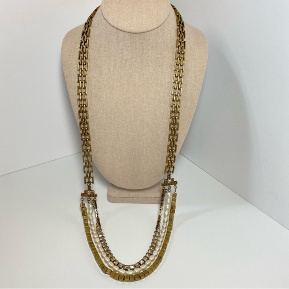 Ann Taylor Vintage Long‎ Panther Chain Faux Pearl Rhinestone Antique Gold Tone